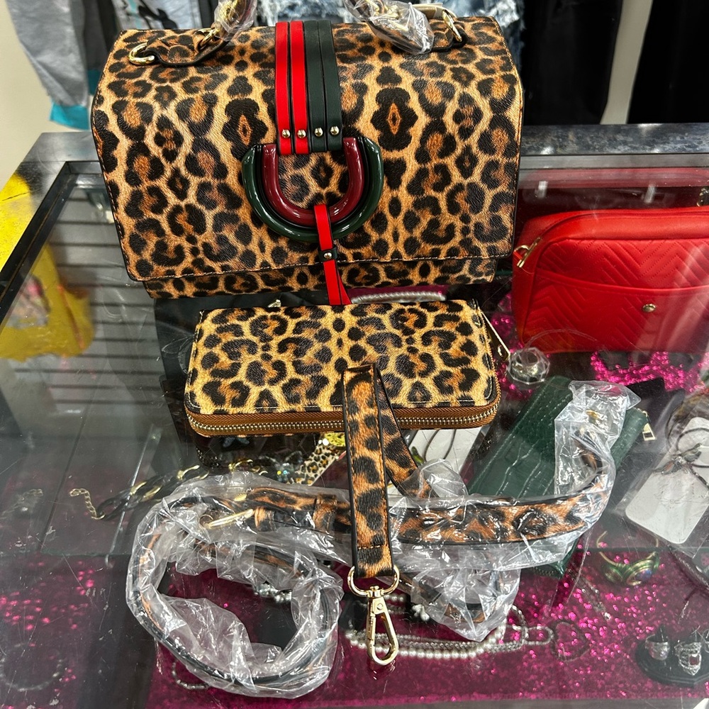 Leopard Print Handbag and Wallet Set